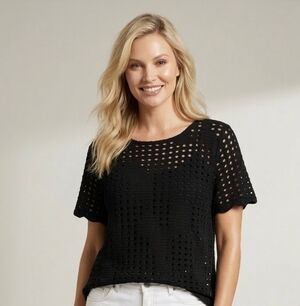 INC Macys Black Open Knot Eyelet Short Sleeve Shirt Cover Up So Soft Size 1X EUC